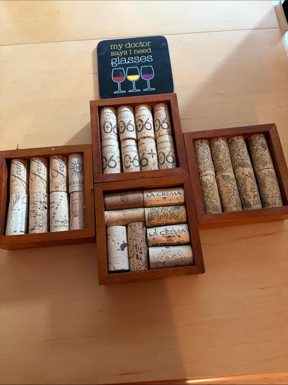 Wine Cork Wall Art in Wooden Shadow Box Frames. Can be used as coasters too